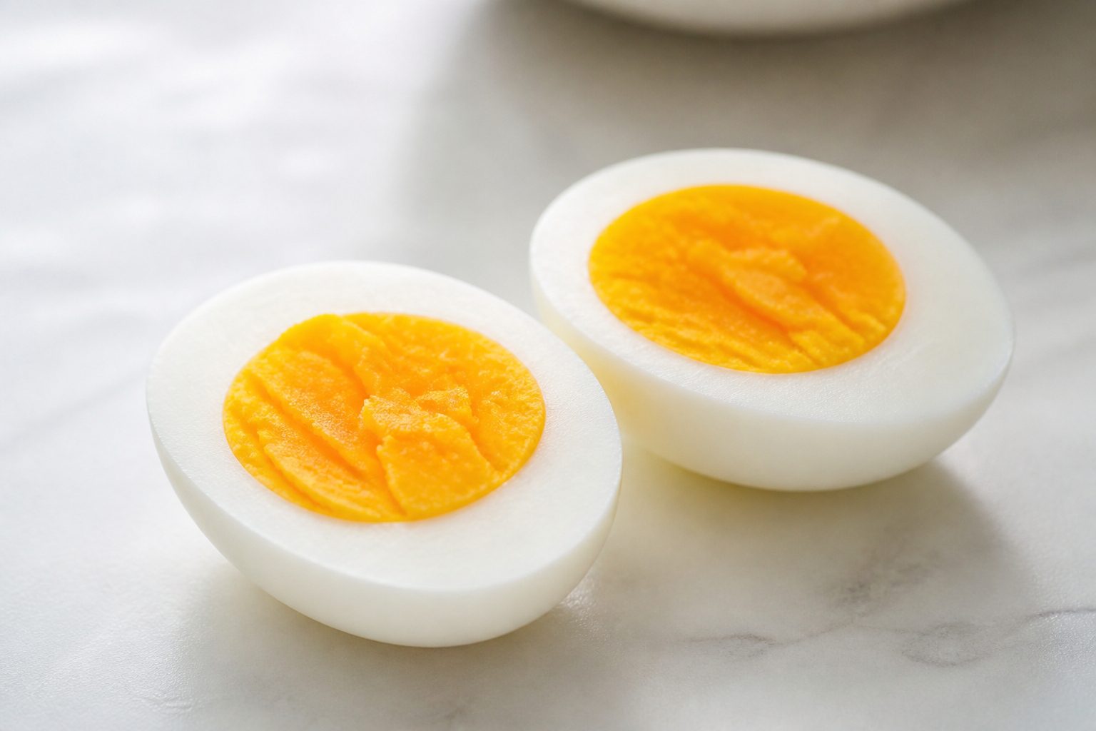 밝은 주방 조리대 위에서 반으로 자른 달걀의 노른자를 클로즈업한 장면