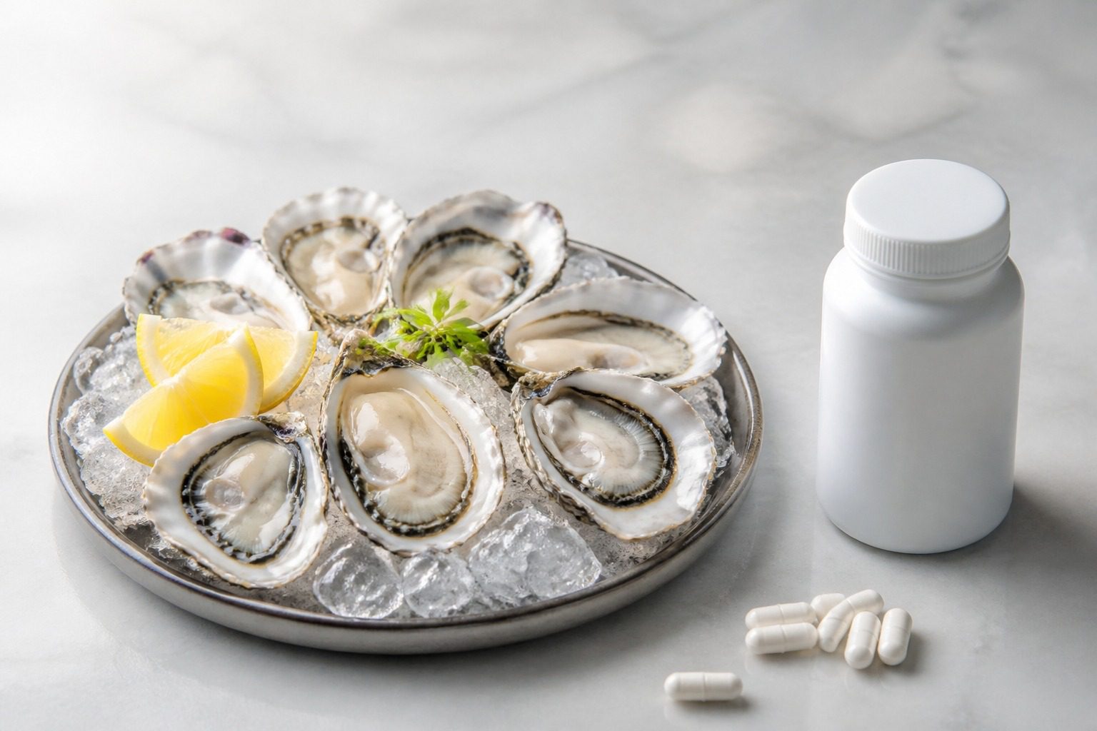 얼음 위에 놓인 신선한 굴(oyster) 접시와 옆에 놓인 아연 영양제 병