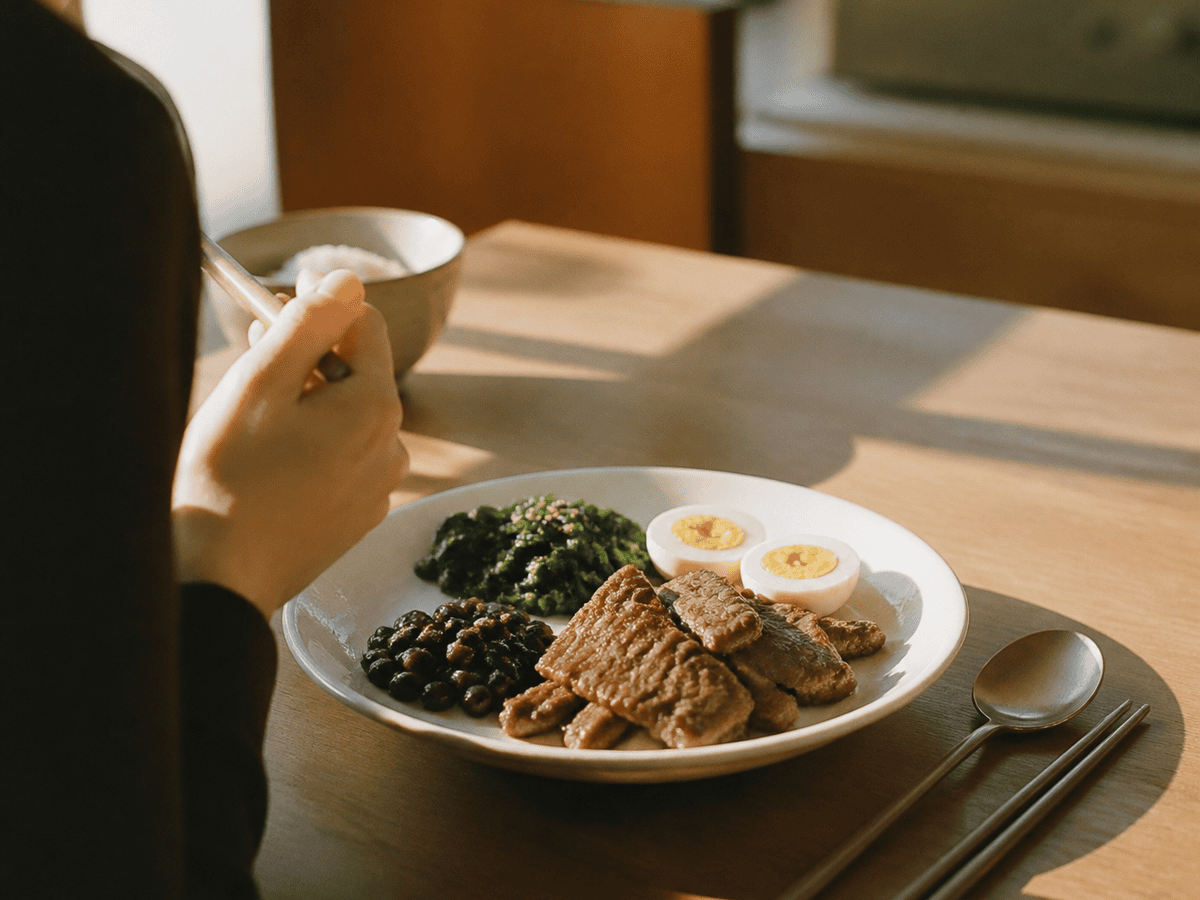 철분이 많은 소고기와 시금치, 달걀, 콩이 놓인 아침 식탁