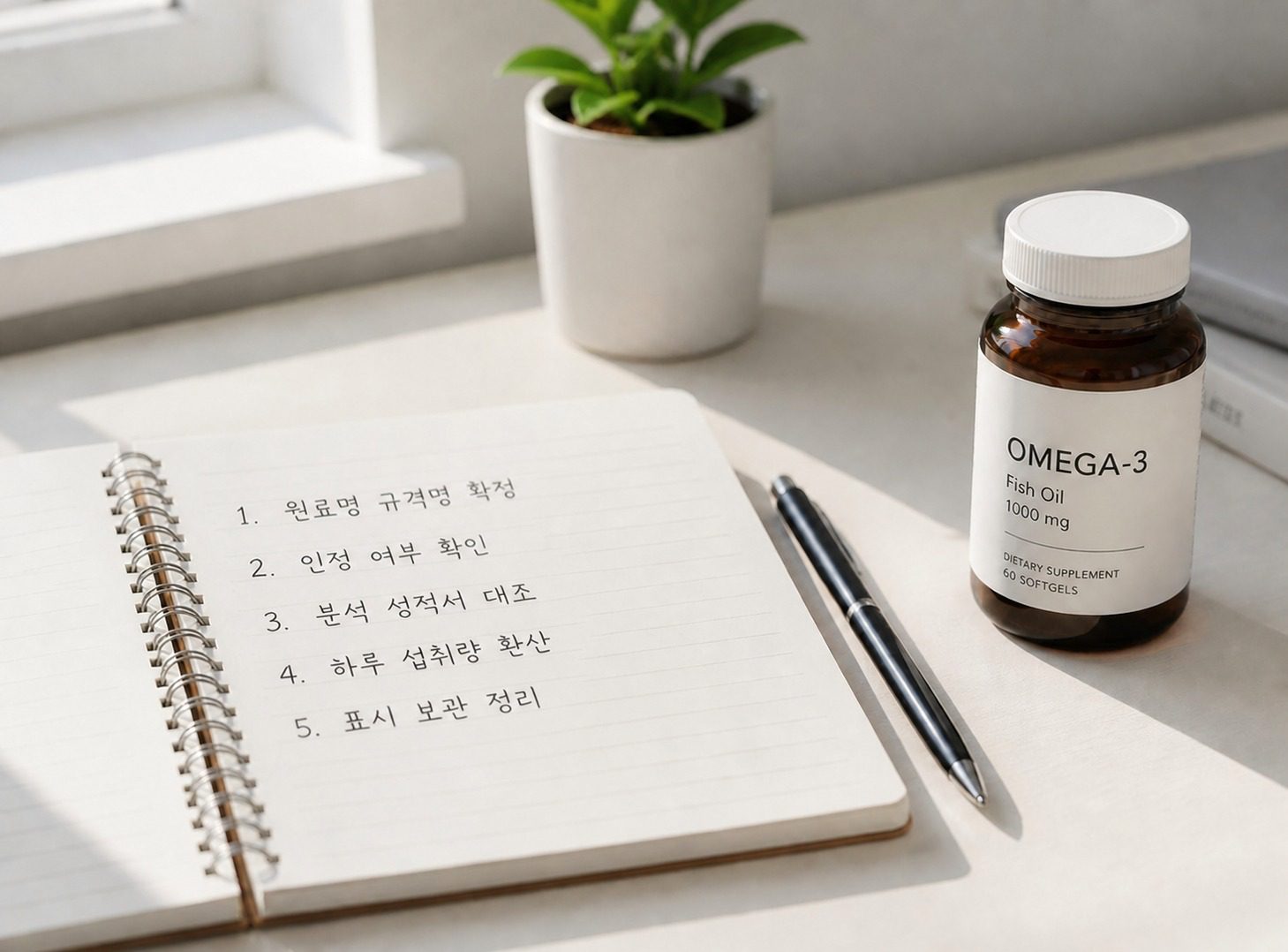 영양제 원료 검토 5단계 확인 순서를 손글씨로 적은 노트와 영양제 병
