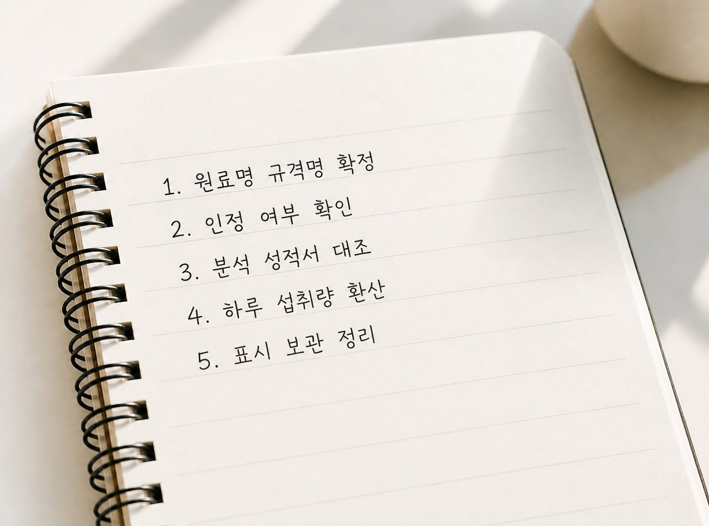 영양제 원료 검토 5단계 확인 순서를 적은 노트